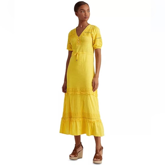 Ralph Lauren Yellow Puff Sleeve V-Neck Dress Sz M - Picture 4 of 14